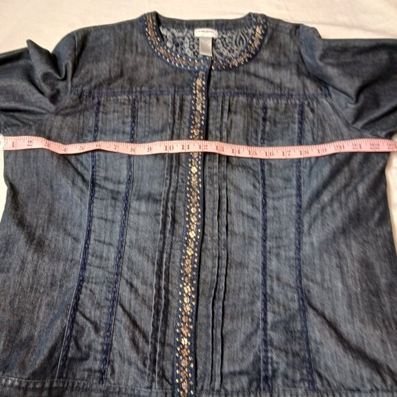 Chico's Size 3, Denim Jacket, Dark Blue, Embellished, Beautifully Lined, 3 = XL - Picture 8 of 12